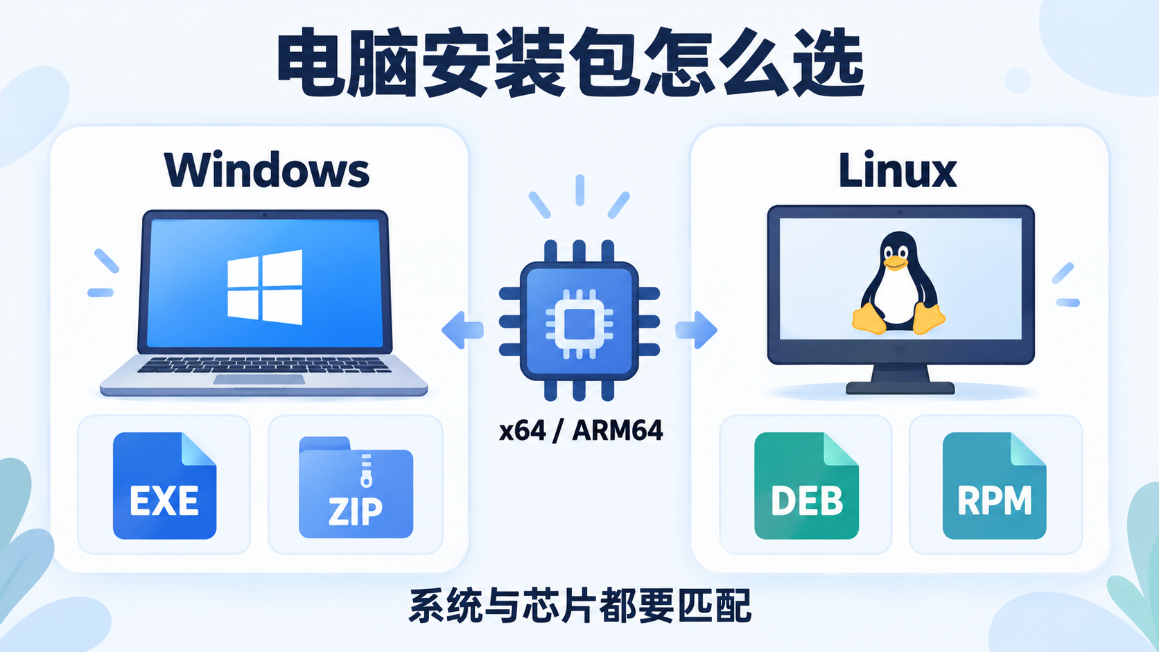 Windows 的 EXE 与 ZIP、Linux 的 DEB 与 RPM 安装包以及 x64 与 ARM64 芯片匹配示意图