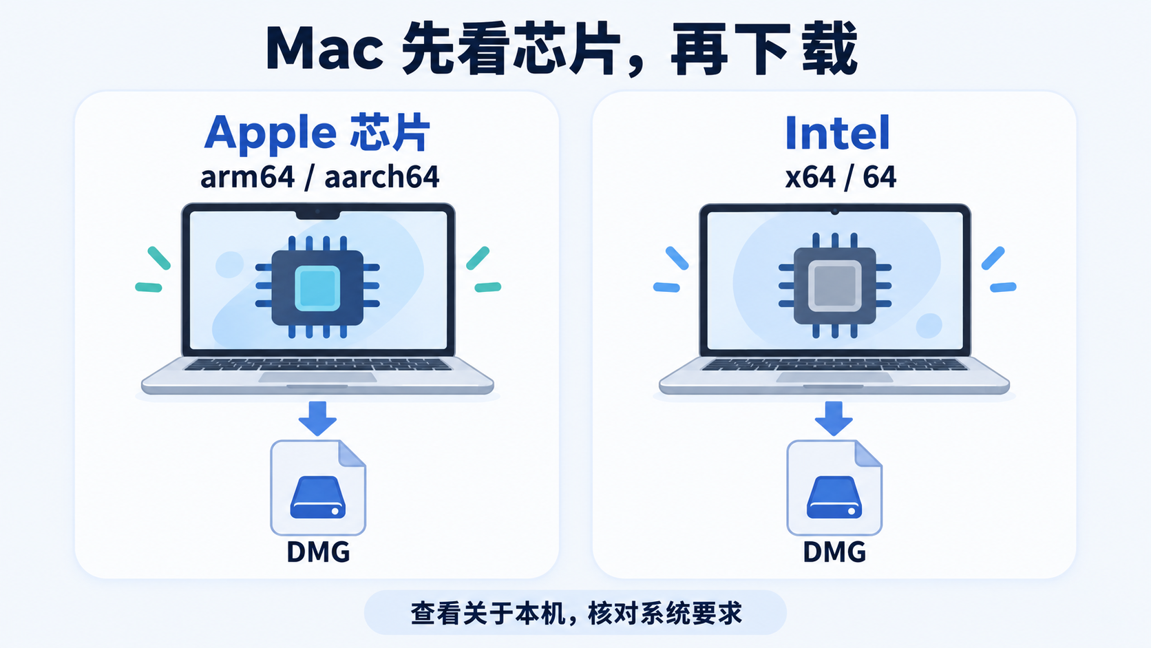 Apple 芯片选择 arm64 或 aarch64、Intel 选择 x64 或 64 的 Mac DMG 下载示意图