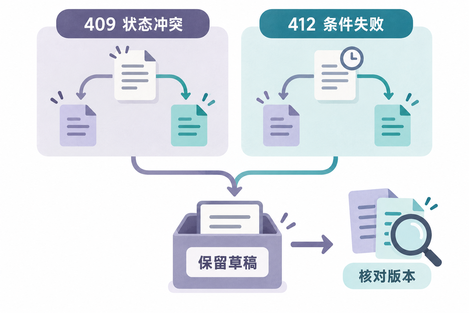 409资源状态冲突与412前置条件失败分别汇入草稿保留和版本核对的示意