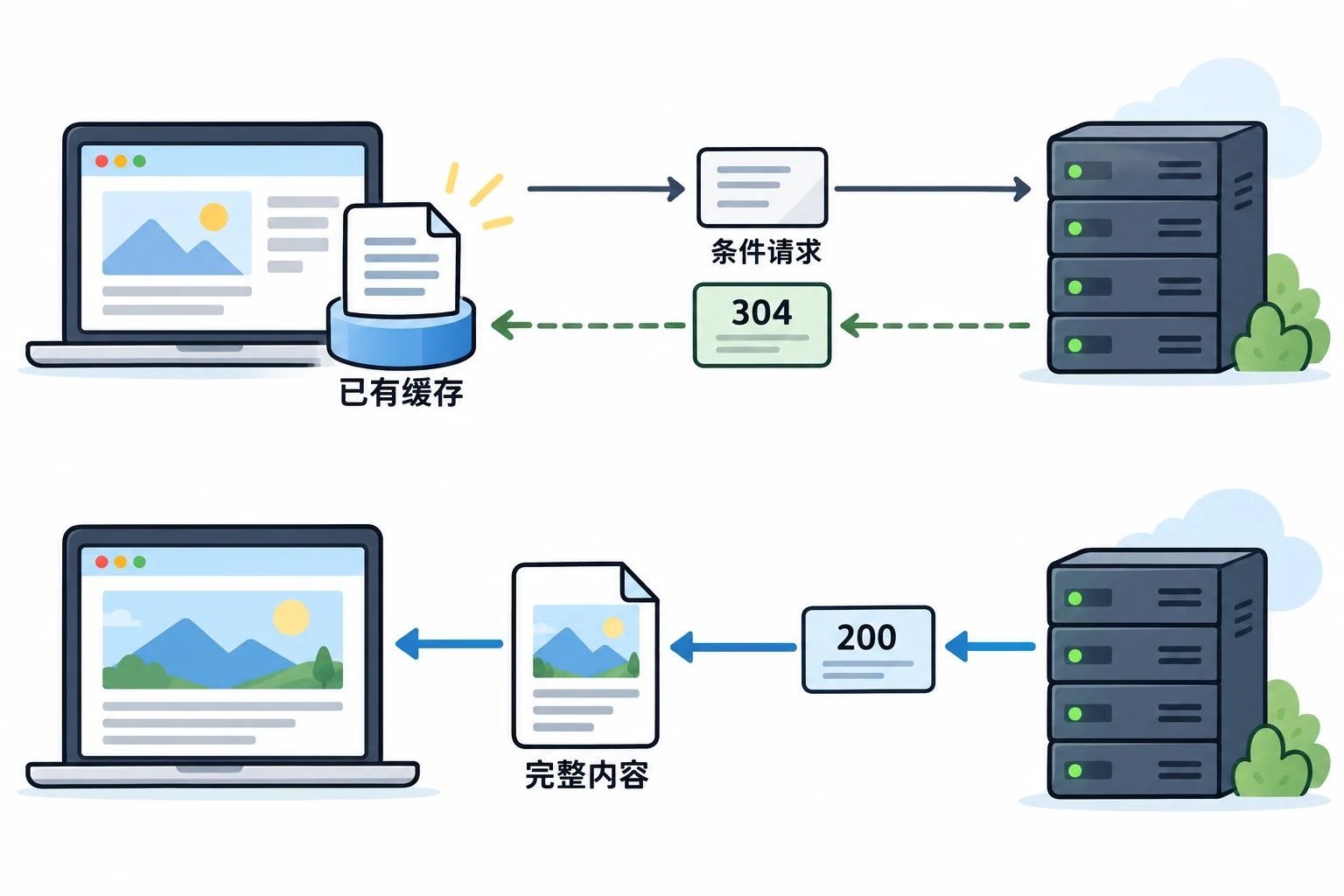 已有缓存通过条件请求收到 304,与没有缓存收到完整内容的两条路径
