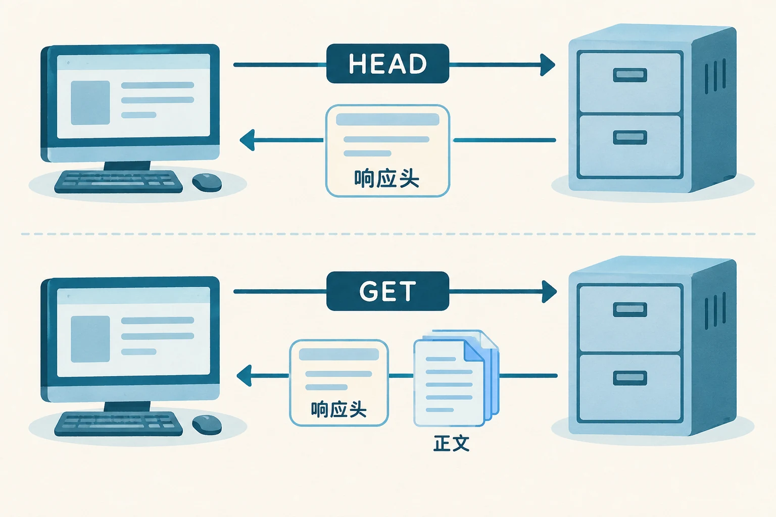 HEAD 只取响应头与 GET 取响应头和正文的两条独立请求示意