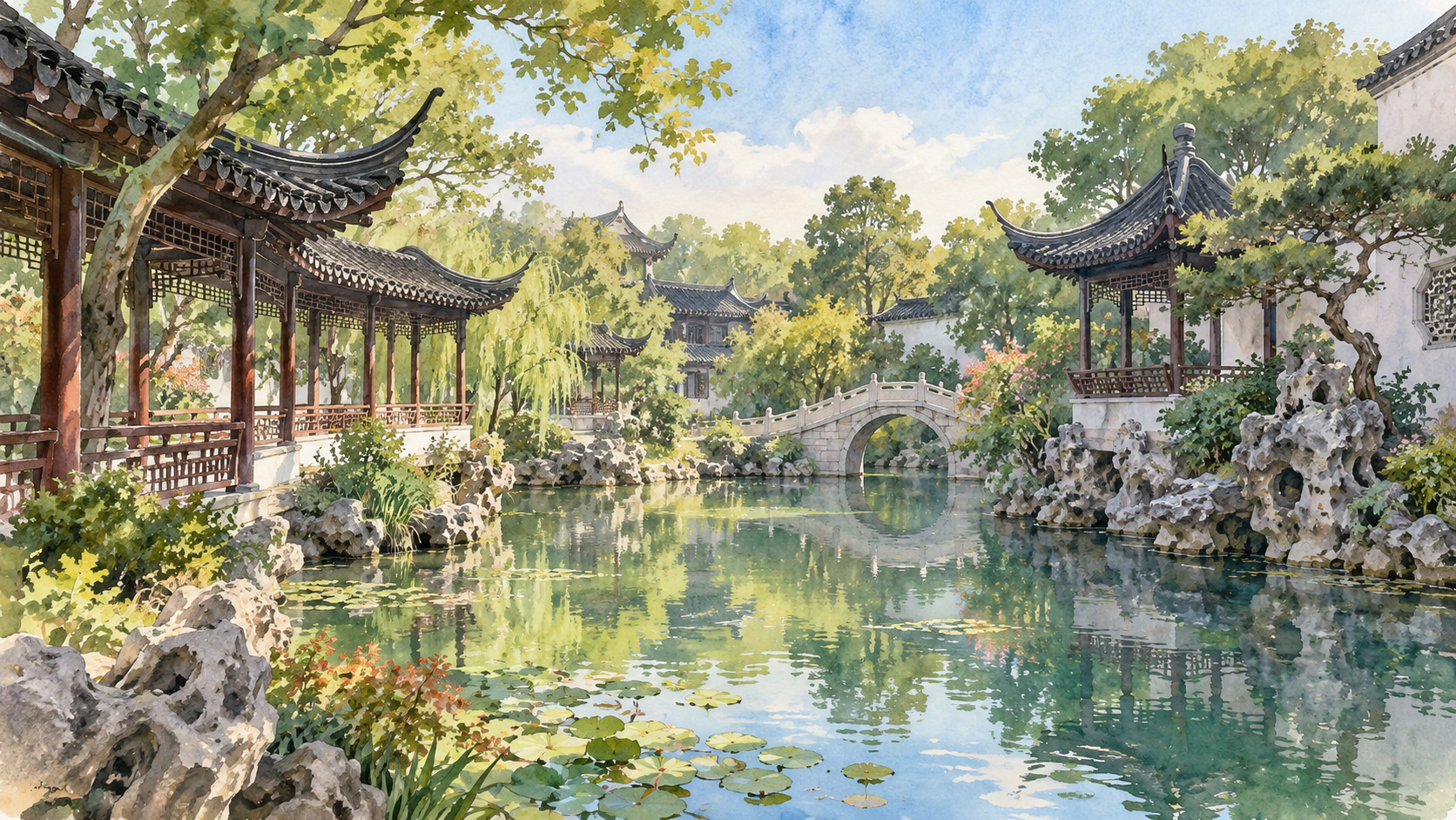 苏州古典园林水彩风景插画