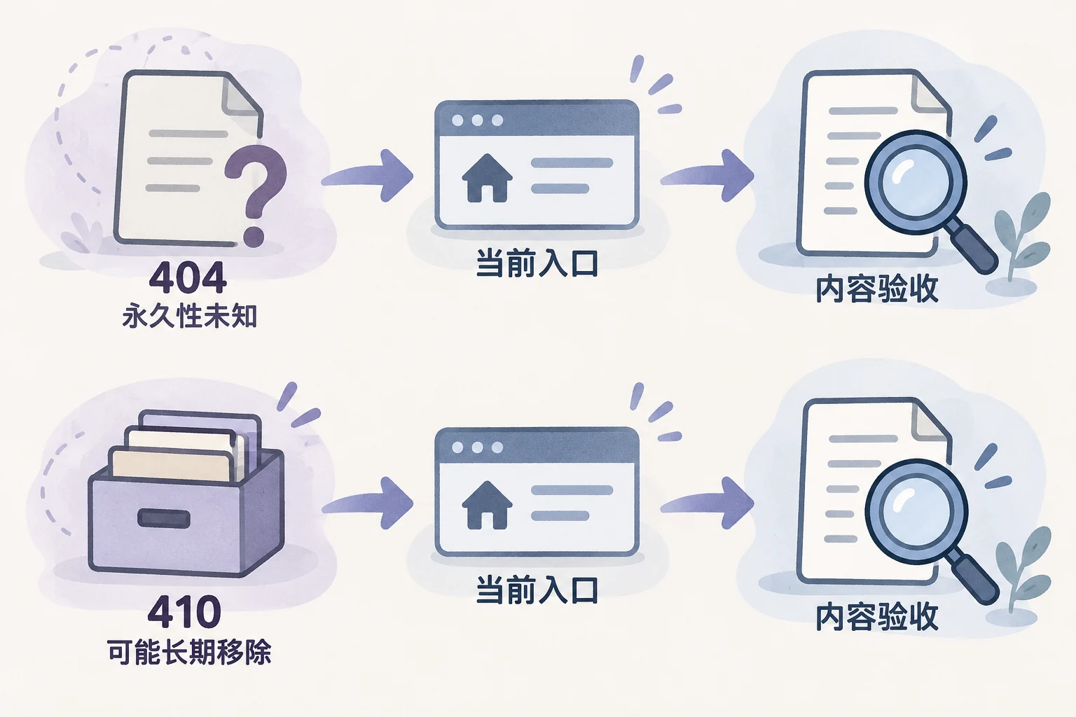 404与410的资源状态分别核对并回到当前正式入口的示意